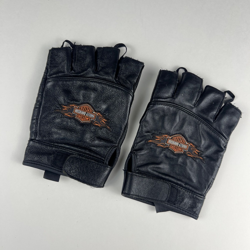 Harley-Davidson Fingerless Gloves Mens M Black Leather Flame Logo Biker Riding